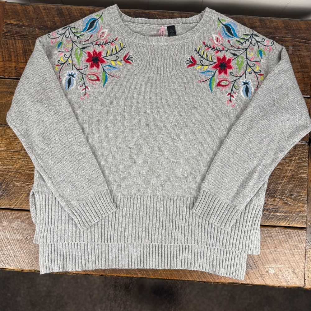 Love By Design Light Gray High Low Boho Floral Embroidered Sweater